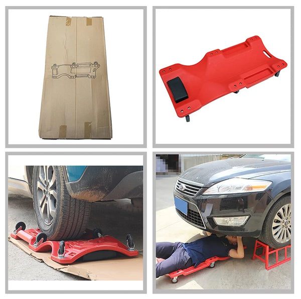 Ergonomic Mechanics Creeper Trolley with Magnetic Trays showcased in multiple angles and usage scenarios.