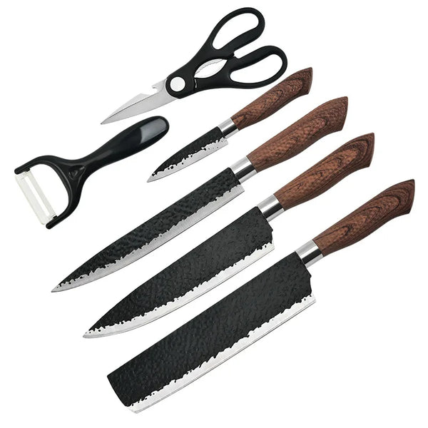 6 Piece Kitchen Cooking Knives Set including knives, scissors, and peeler for efficient food preparation.