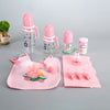 Baby Feeding Bottle Set featuring pink bottles, pacifiers, bib, and cotton buds for infants and toddlers.