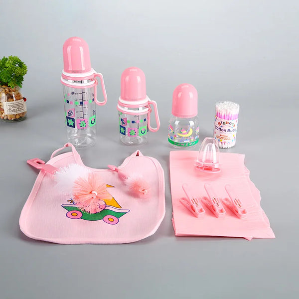 Baby Feeding Bottle Set featuring pink bottles, pacifiers, bib, and cotton buds for infants and toddlers.