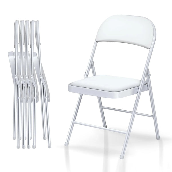 Set of Portable Padded Leather Folding Chairs stacked for easy storage and transport, featuring a sleek white design.