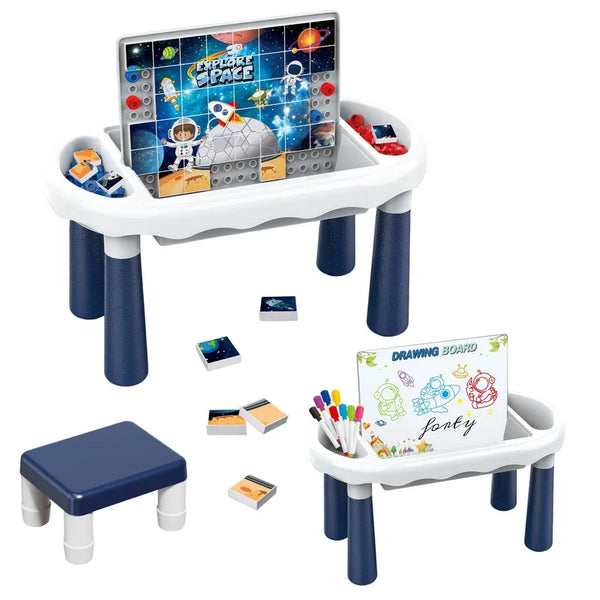 2-in-1 Kids Activity Table with Building Blocks and Drawing Board featuring colorful construction and art supplies.