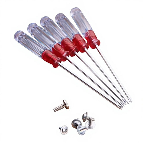 Crystal Magnetic Cross Word Screwdriver set with red handles, featuring small screws for home repairs.