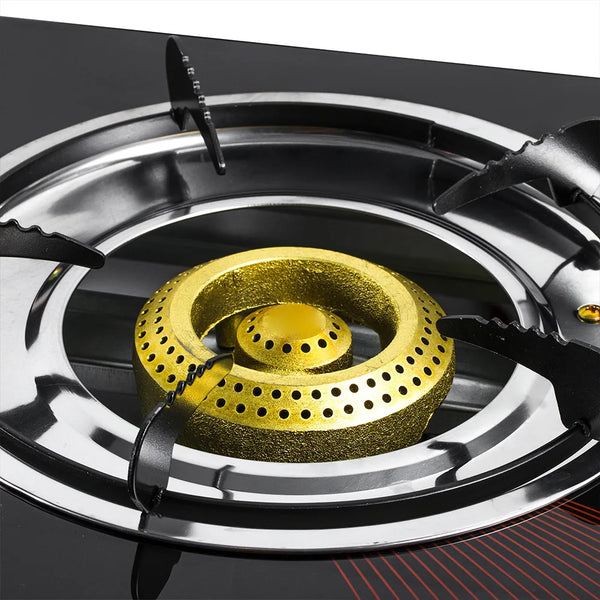 Home Cooking Gas Stove with a shiny gold burner in a sleek stainless steel design.