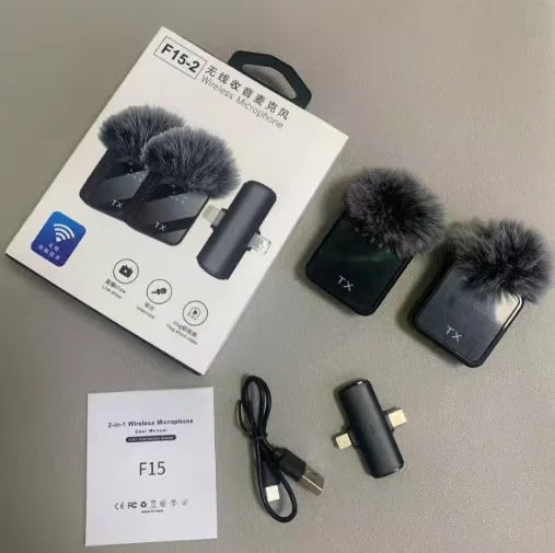 F15-2 Wireless Lavalier Microphone packaging with dual clip-on microphones and accessories