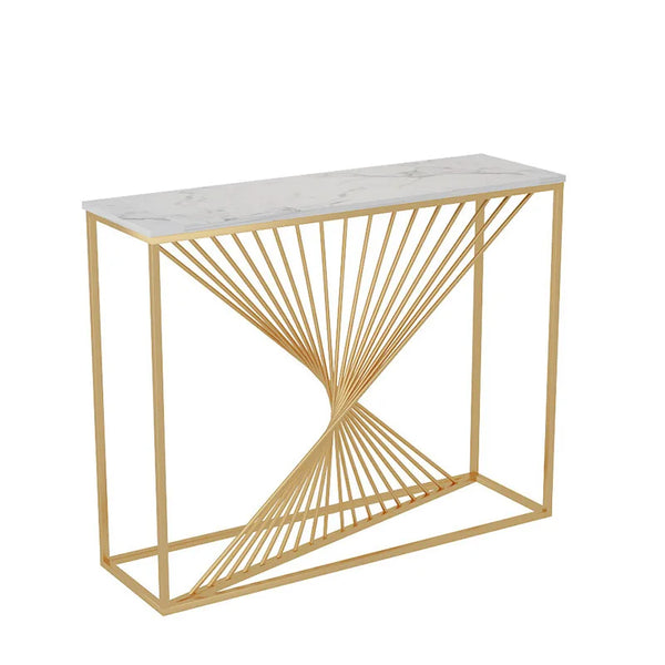 Nordic Golden Marble Console Table with gold geometric base and marble top, perfect for modern interiors.