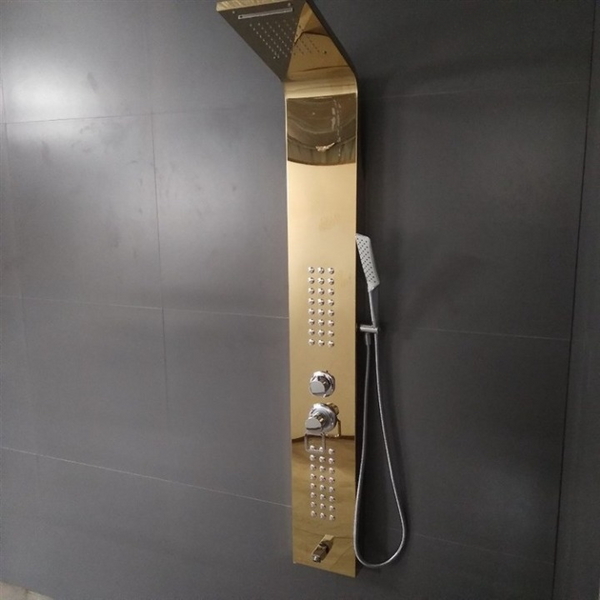 Golden Stainless Steel LED Shower Panel System elegantly mounted on a modern bathroom wall.