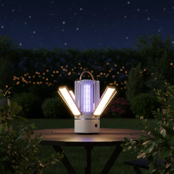 Rechargeable LED Mosquito Killer Lamp and Lantern illuminated at night on a table surrounded by greenery.