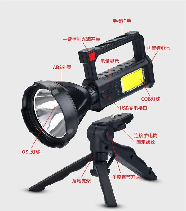 Folding LED Camping Torch Work Lamp with Stand showcasing its features and adjustable stand for versatile lighting.