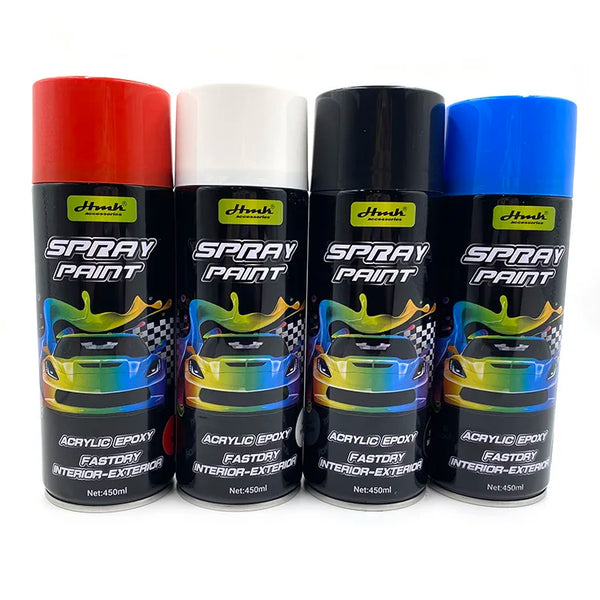 450ml Multi-Colour Car Spray Bottle - Four spray paint cans in red, white, black, and blue for automotive use.