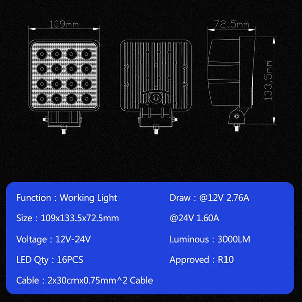 Waterproof Off-Road LED Work Light specifications including size, voltage, luminous output, and cable details.