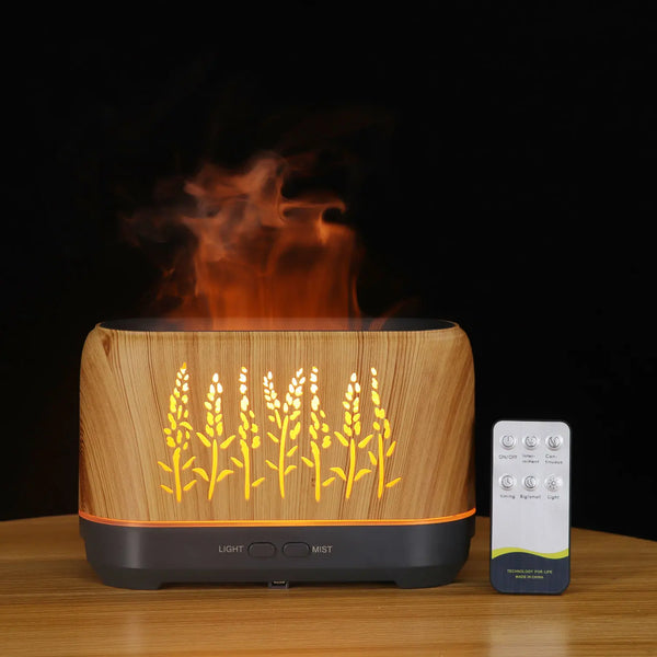 Portable 200ml 3D Warm LED Flame Humidifier Diffuser with remote control emitting mist and warm light in a wooden design.