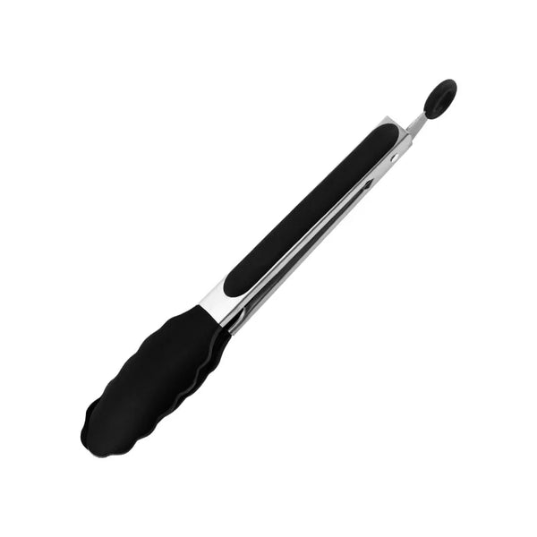 Heat Resistant Silicone Tipped Stainless Steel Tongs with a black grip for safe handling of hot food.