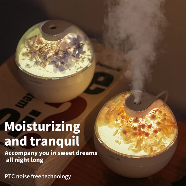 Mini Ultrasonic Cool Mist Humidifier with floral design, creating a tranquil atmosphere and enhancing indoor air quality.
