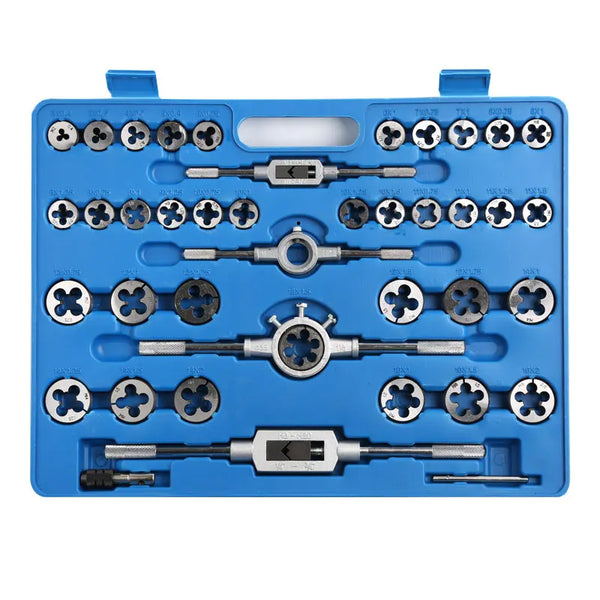 110-Piece Tap and Die Set with Case displayed in a blue storage case showing various metric and SAE tools.