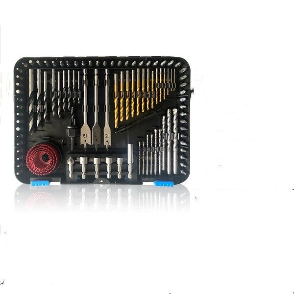 100 Piece Multifunction Drill Bit Kit for Wood Metal and Concrete with various drill bits organized in a case.