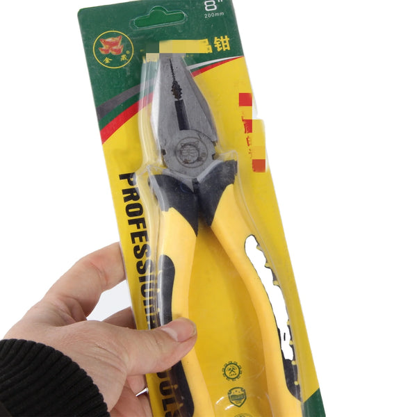 Professional 200mm Combination Steel Wire Pliers in packaging held by a hand, ideal for household repairs and electrical maintenance.
