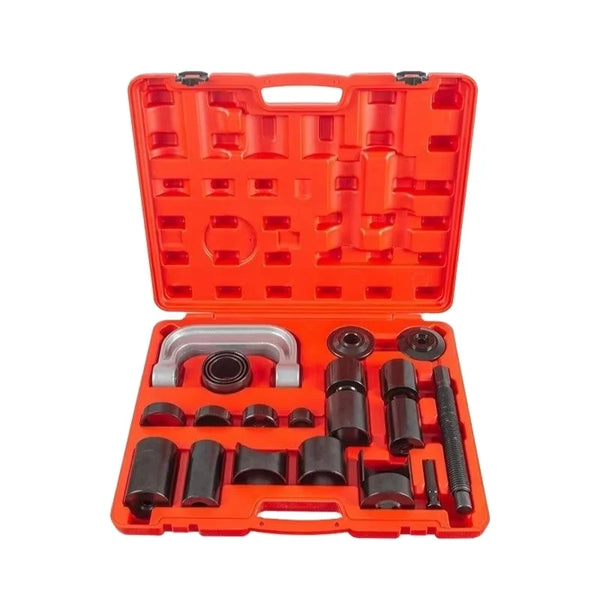 21 Piece Heavy Duty Ball Joint Removal Tool Kit with organized tools in bright red case, ideal for suspension work.