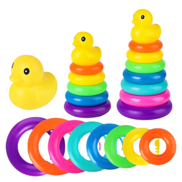 Rainbow Duck Stacking Tower Toy features vibrant colors and shapes, perfect for sensory development and motor skills.