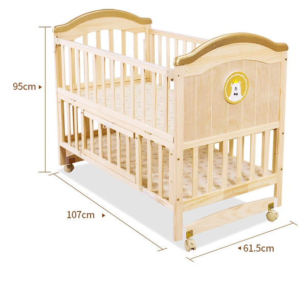 Multi-functional Wood Baby Crib Kids Cot with dimensions 107cm x 61.5cm x 95cm, designed for child safety and comfort.