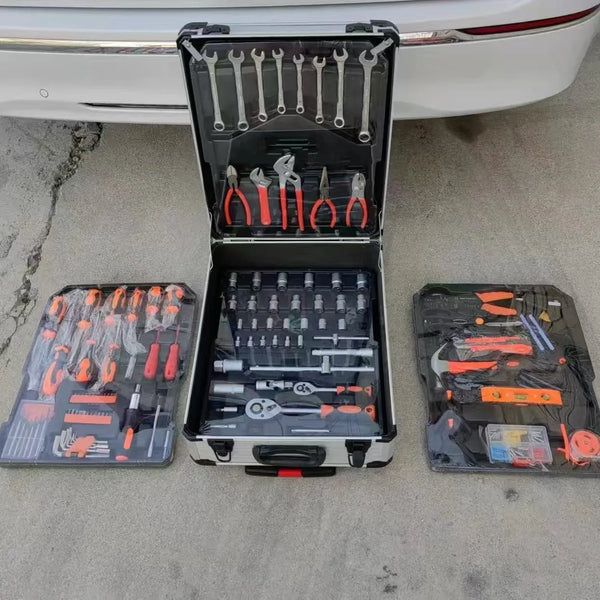 Hand Tool Combination Set displayed in a portable trolley case, showcasing a full toolkit for home and automotive use.