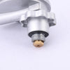Close-up of 28mbar LPG Gas Regulator with Shutoff Valve showing connection detail and securing mechanism.