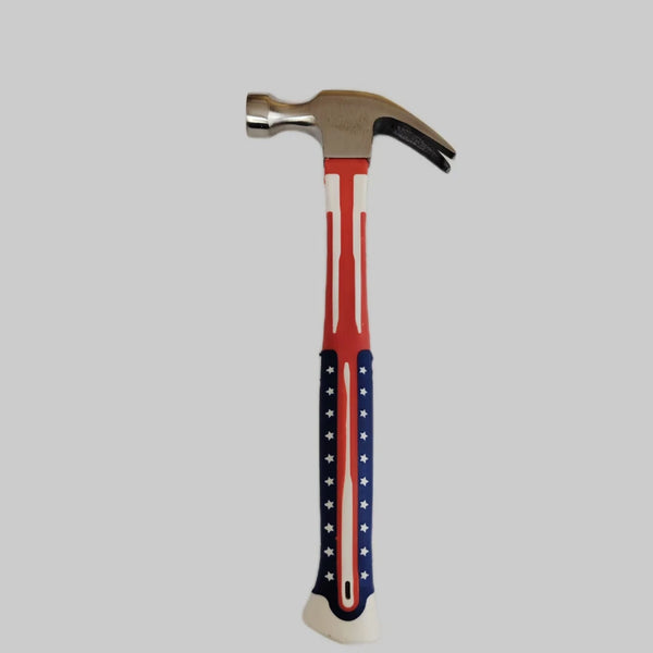 Polished 16oz Claw Hammer with Shock-Reduction Grip featuring a patriotic design and ergonomic handle.