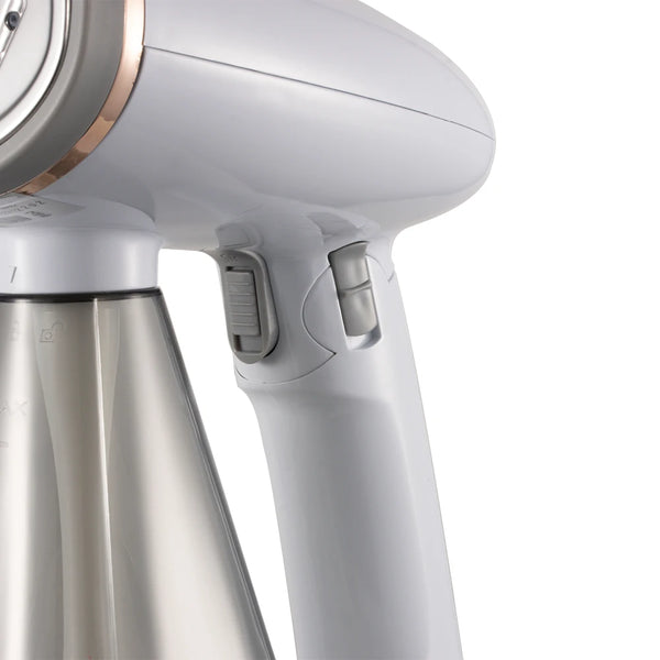 Close-up of the 1100W Foldable Handheld Clothes Steamer handle and controls, showcasing ergonomic design and functionality.