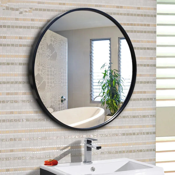 Large Full Circle Black Metal Framed Wall Mirror