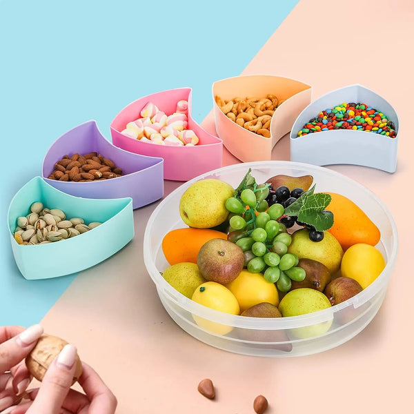 Creative Round Divided Fruit & Snack Serving Tray with colorful compartments for fruits and snacks.