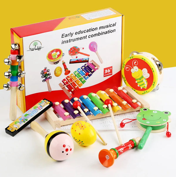 Childrens Wooden Bass Drum Toy alongside various musical instruments for early education and play.
