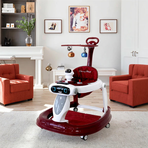 4 in 1 Multifunctional Push Baby Walker with Music in a stylish living room setting, featuring toys and engaging design.
