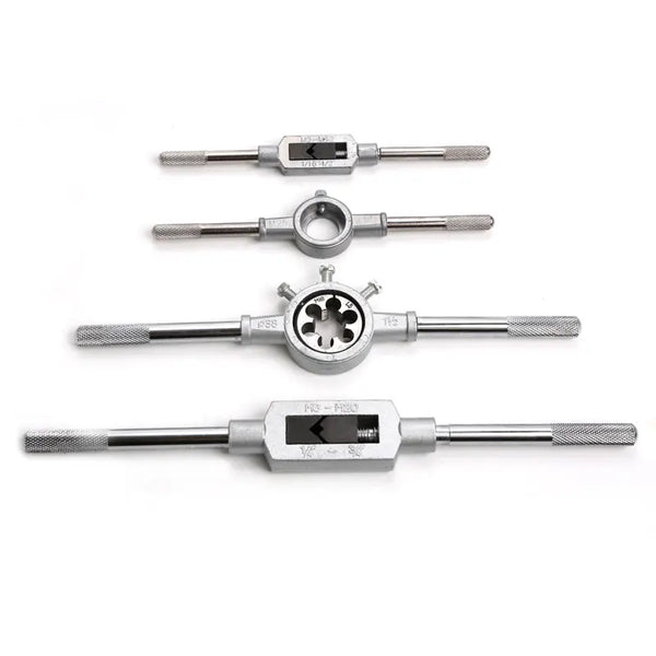 Set of four metal taps and dies, showcasing the tools included in the 110-Piece Tap and Die Set with Case.