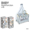 Luxury Crib Sleeping Nest Solid Crib alongside multifunctional baby crib with accessories and packaging.