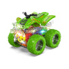Colorful Plastic Four Wheel Drive Double-Sided Stunt Car in vibrant green with flashing lights and large wheels.