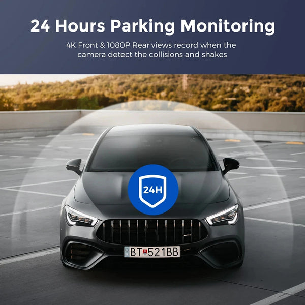 4K Dual UHD Front and Rear Dashcam with WiFi & GPS 24 hours parking monitoring feature for collision detection.