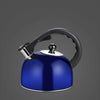 Stainless Steel Whistling Flat Bottom Kettle in blue color with a black handle and spout.