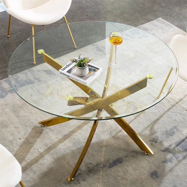Luxury Round Dining Table with a glass top and gold metal base, perfect for modern dining spaces and stylish entertaining.