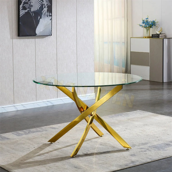Luxury Round Dining Table with glass top and golden cross base in modern dining space.
