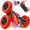 2.4GHz Double-Sided 360 Stunt Remote Control Car with red wheels and remote control for acrobatic stunts.