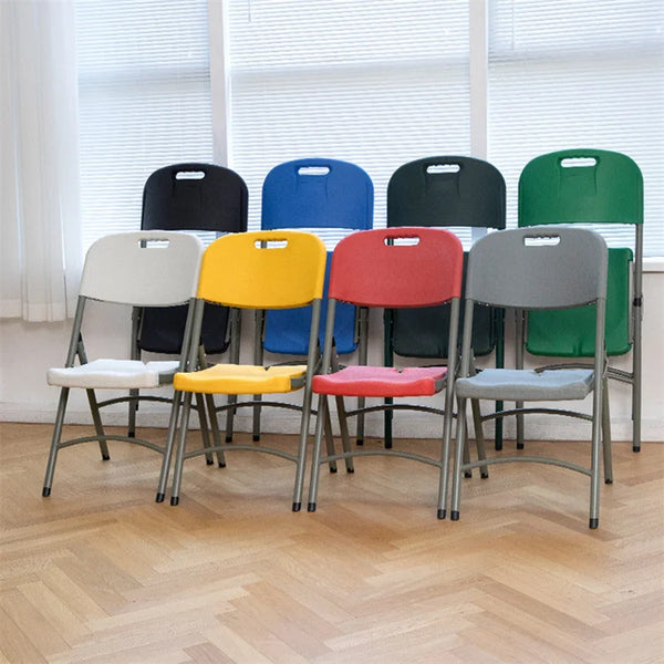 Foldable Plastic Outdoor Chair with Metal Frame available in various colors, neatly arranged for display.