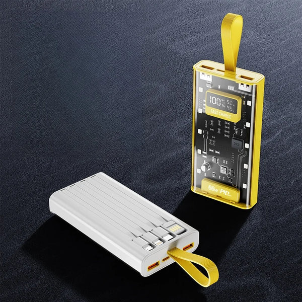 12000mAh Transparent 22.5W Fast Charging Power Bank displayed with a sleek design and digital display.