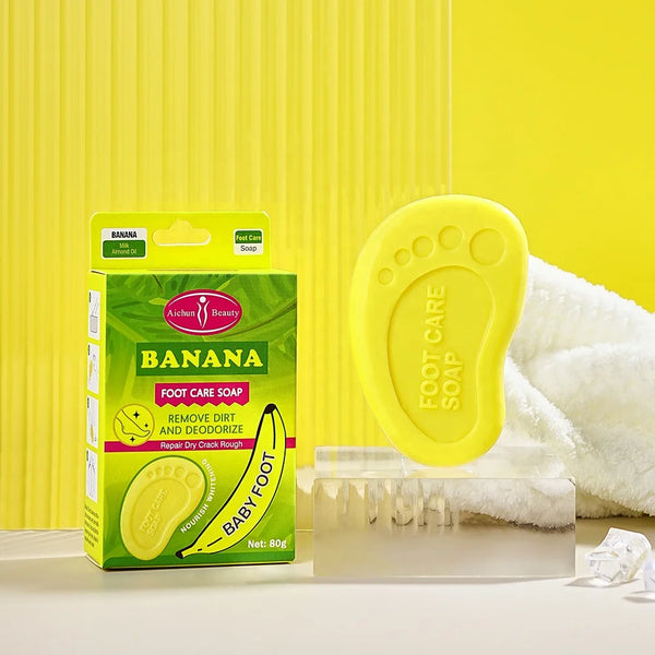 Beauty Banana Milk Mini Whitening Soap in a foot shape, yellow packaging, designed for foot care and deodorization.