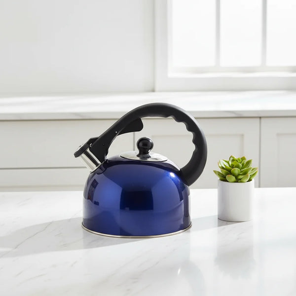 2.5L Stainless Steel Whistling Outdoor Camping Kettle in vibrant blue color on a kitchen countertop with a small plant.