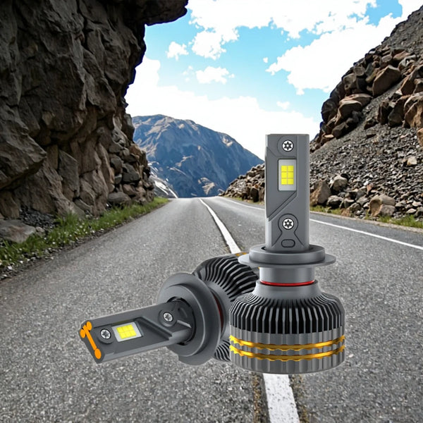 400W LED Headlight Bulbs on a scenic mountain road showcasing bright illumination for safer driving.