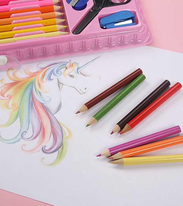 Deluxe Childrens Stationery Artist Painting Gift Box with colored pencils and a unicorn drawing.