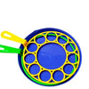 Colorful Outdoor Kids Bubble Toy Set featuring a blue circular bubble wand with yellow and green handles.