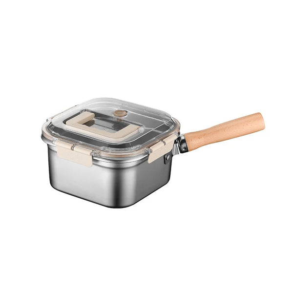 Multi-function Portable Stainless Steel Square Deep Fryer with wooden handle and lid for frying meals.