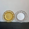 13 Inch Gold Wooden Textured Round Plastic Charger Plate paired with a silver charger plate on a grey background.