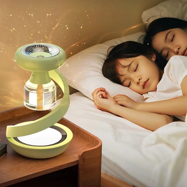Portable Rechargeable Mosquito Trap Lamp on a nightstand near two sleeping children, providing insect-free comfort.